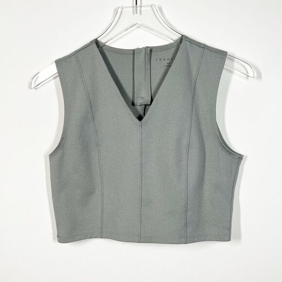 Theory Women’s Size Small Zeen Shift Faux Suede Crop Sleeveless Grey Top - Picture 2 of 8